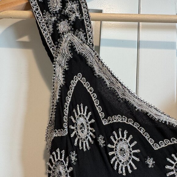 Adrianna Papell Y2K Silk Beaded Maxi Dress Black Floral Embroidery 0/XS - Picture 6 of 12